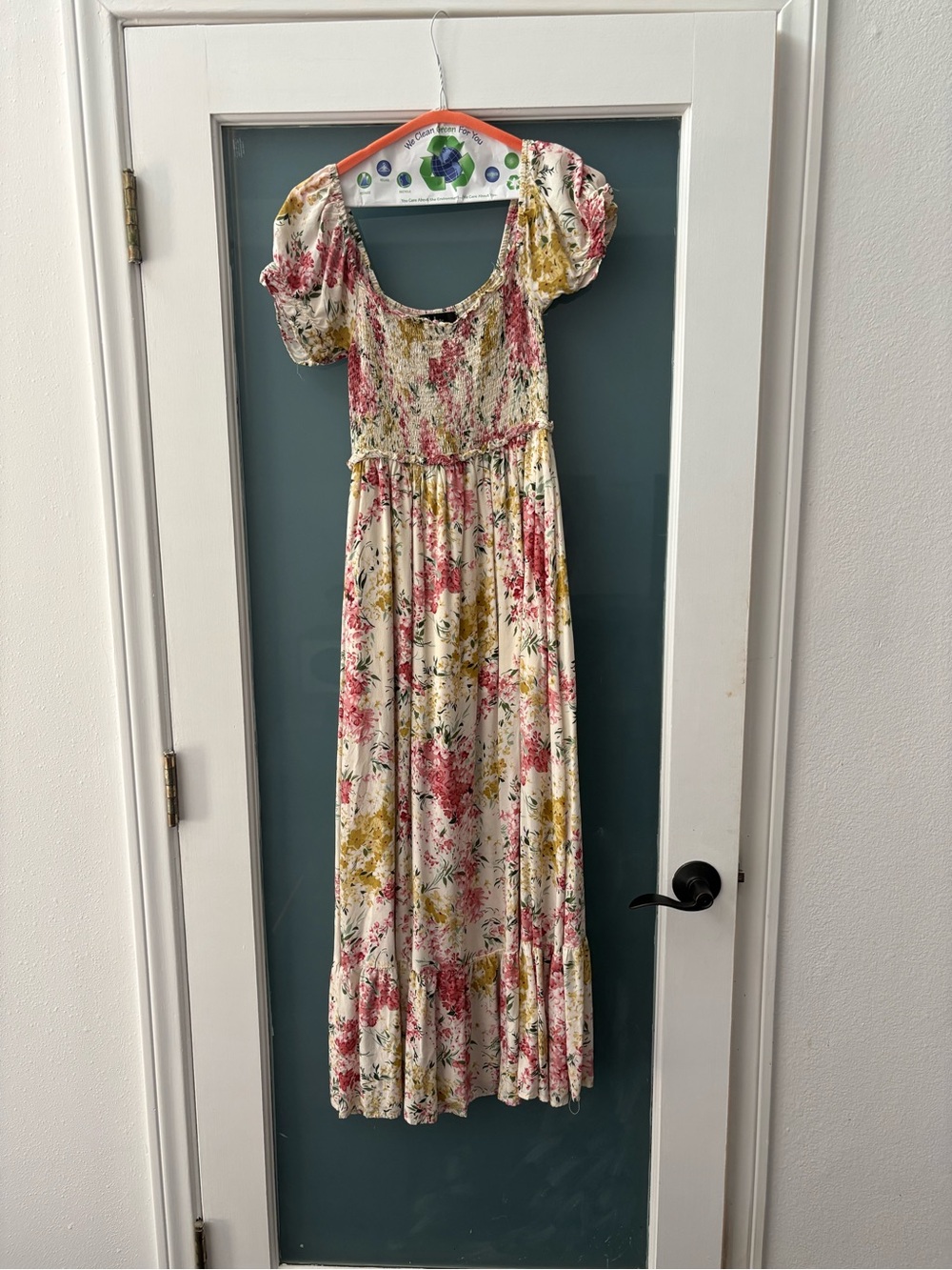 Lulus Floral Maxi Dress with Puff Sleeves - Cream, Pink & Mustard
